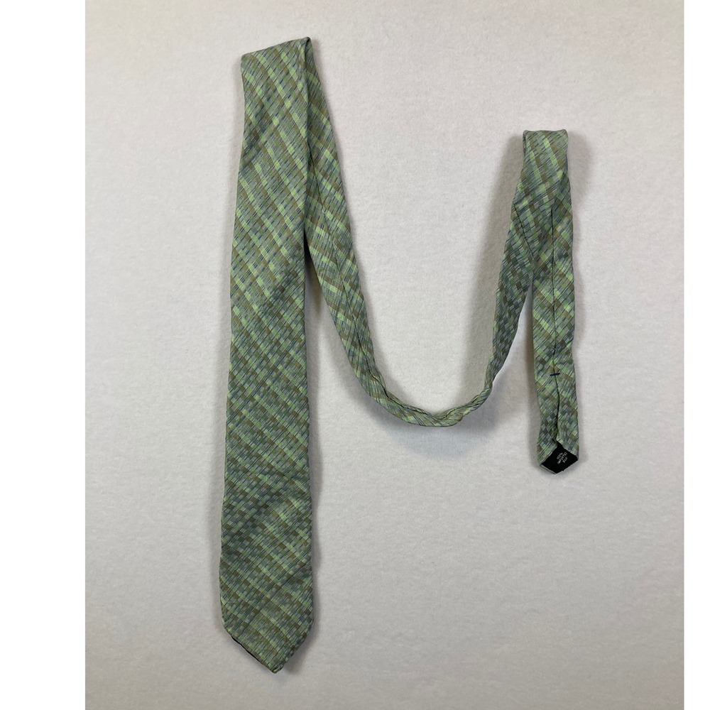 Perry‎ Ellis Portfolio Silk Tie Mens Green Blue Textured Plaid Check Necktie